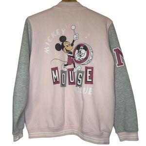 Disney 100 Yrs Of Wonder Mickey Mouse Club Pink Gray‎ Varsity Letterman Jacket L